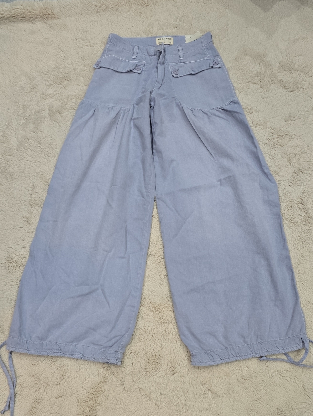 Wide-Leg Light Blue Pants with Drawstring Hem